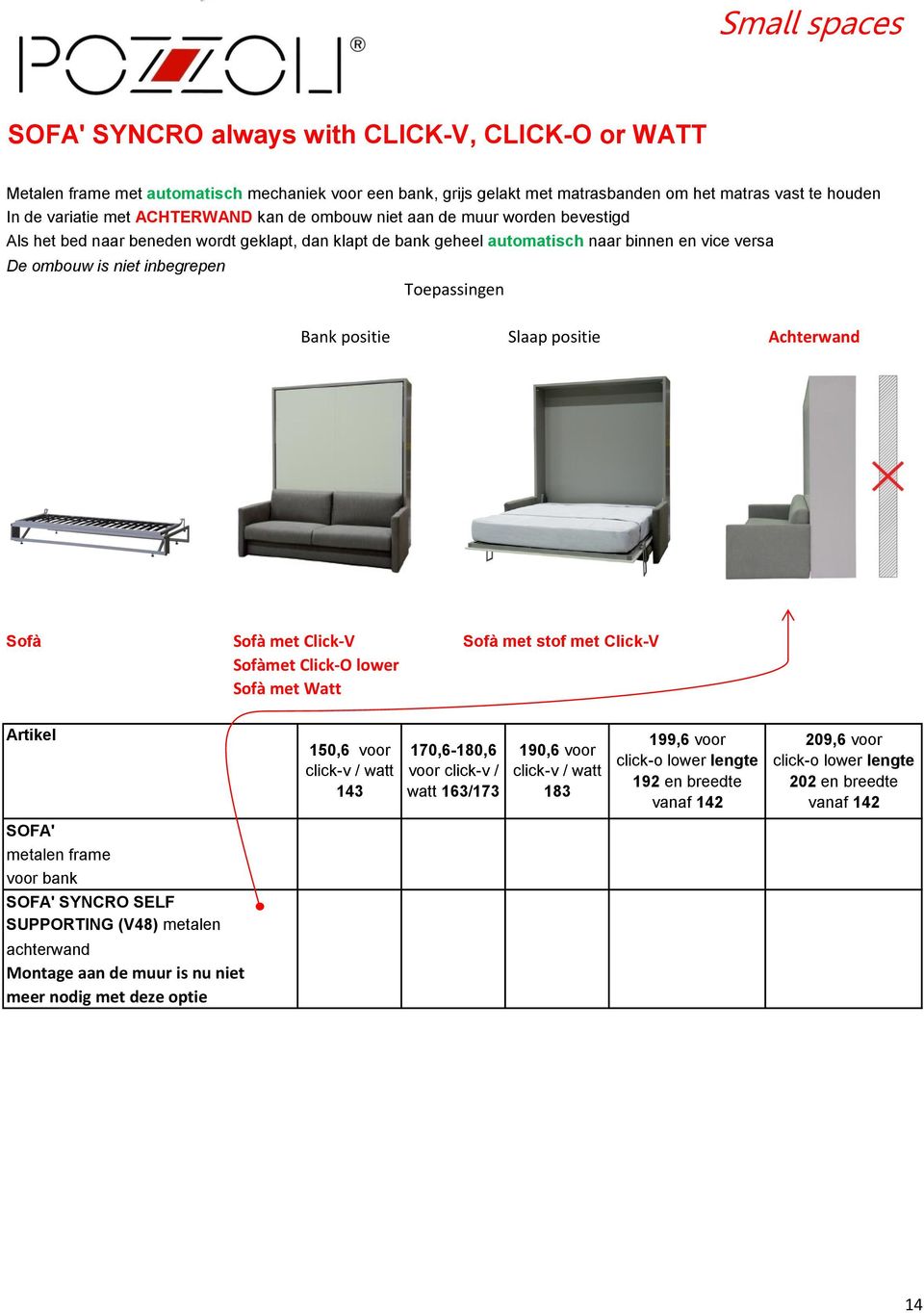 Click-V Sofà met stof met Click-V Sofàmet Click-O lower Sofà met Watt 150,6 voor click-v / watt 143 170,6-180,6 voor click-v / watt 163/173 190,6 voor click-v / watt 183 199,6 voor click-o lower