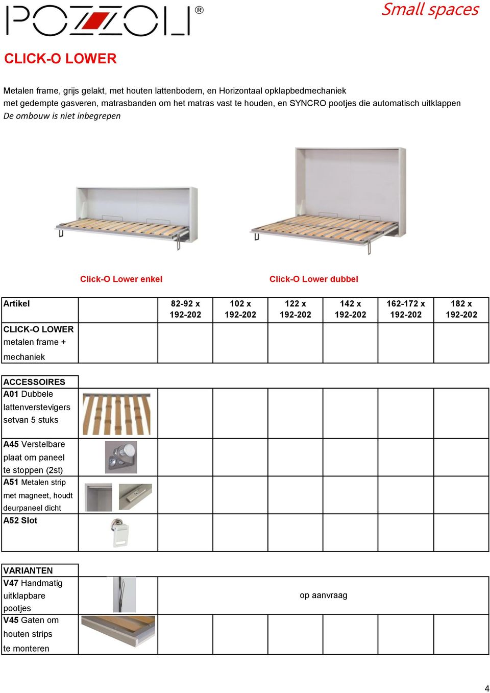 182 x CLICK-O LOWER metalen frame + mechaniek A01 Dubbele latten setvan 5 stuks A45 Verstelbare plaat om paneel te stoppen (2st) A51 Metalen