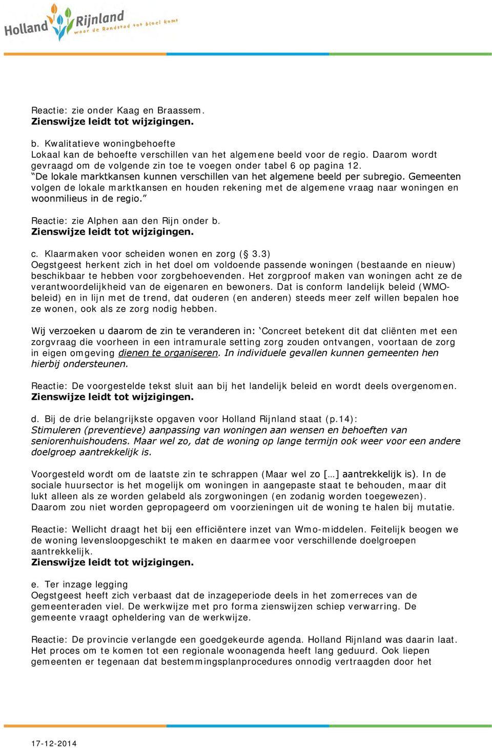 Gemeenten volgen de lokale marktkansen en houden rekening met de algemene vraag naar woningen en woonmilieus in de regio. Reactie: zie Alphen aan den Rijn onder b. c.