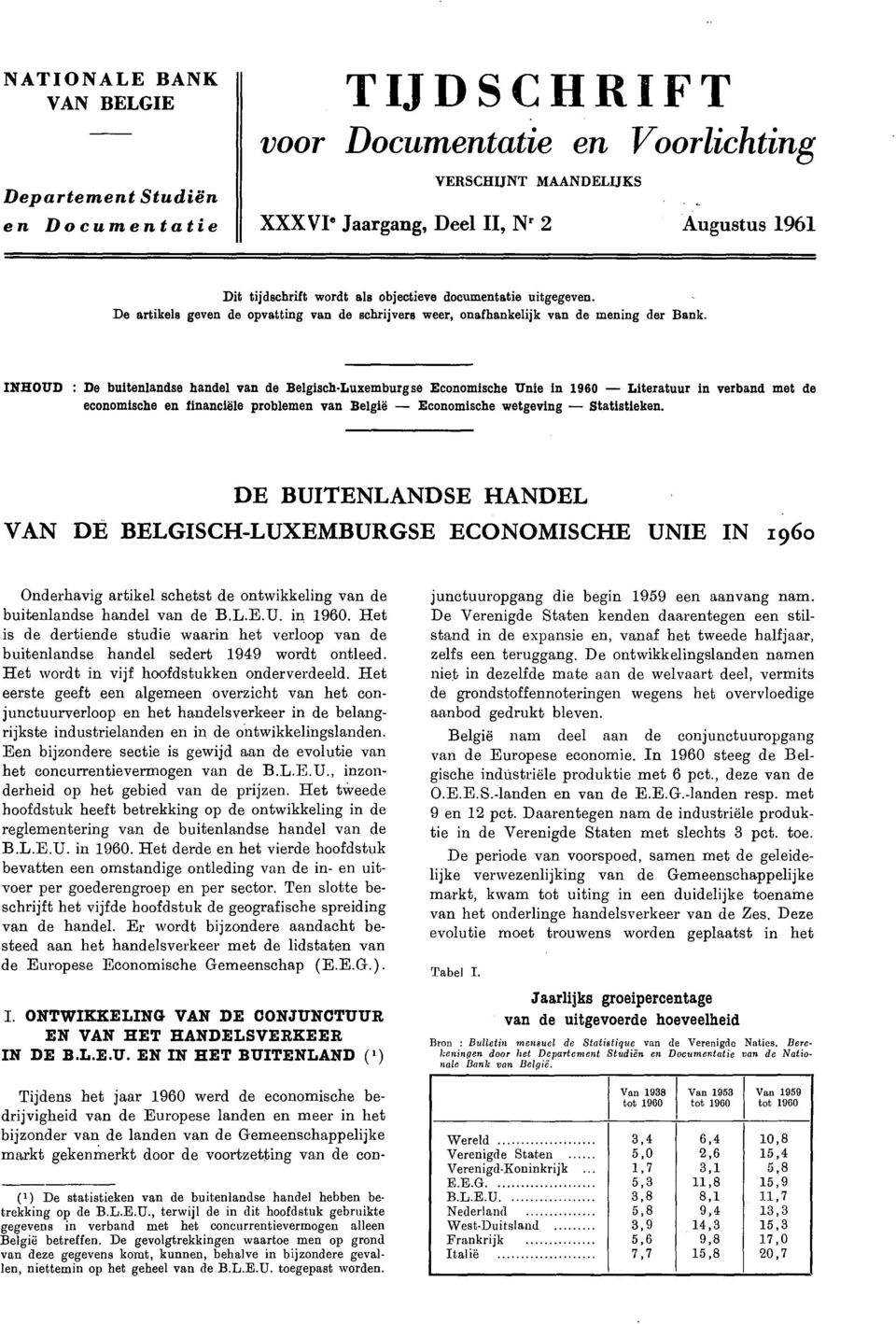 INHOUD : De buitenlandse handel van de Belgisch-Luxemburgse Economische Unie in Literatuur in verband met de economische en financiële problemen van België Economische wetgeving Statistieken.