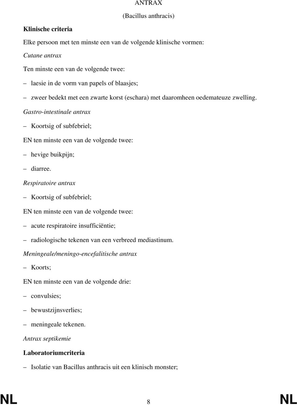 Respiratoire antrax Koortsig of subfebriel; EN ten minste een van de volgende twee: acute respiratoire insufficiëntie; radiologische tekenen van een verbreed mediastinum.