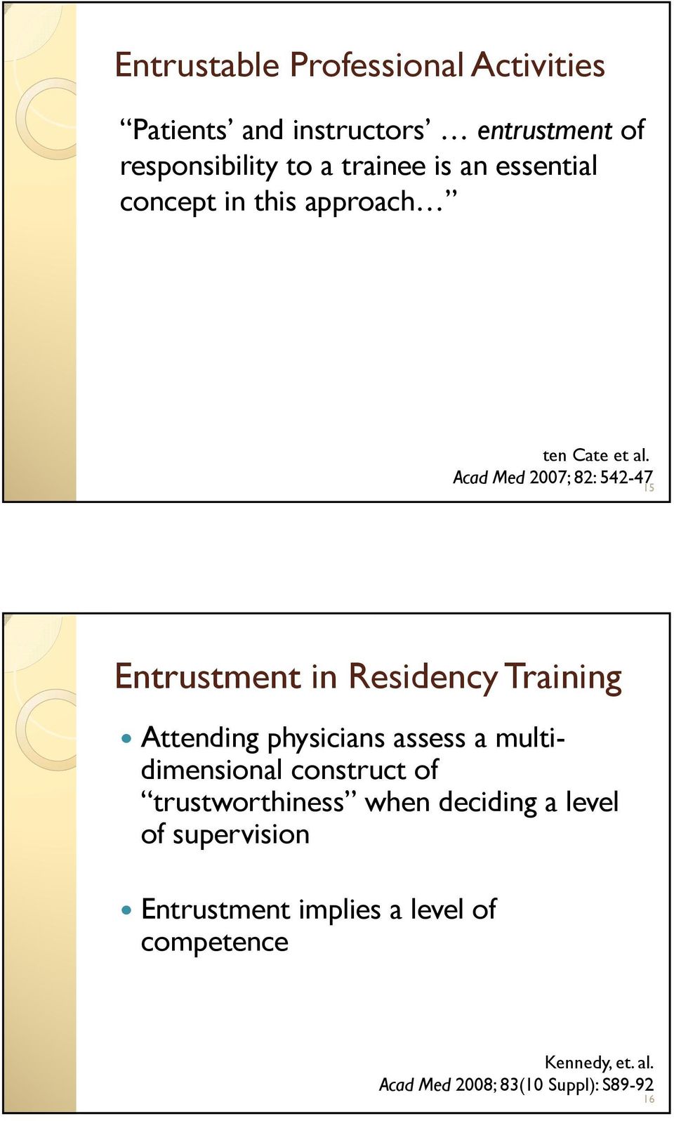 Acad Med 2007; 82: 542-47 15 Entrustment in Residency Training Attending physicians assess a