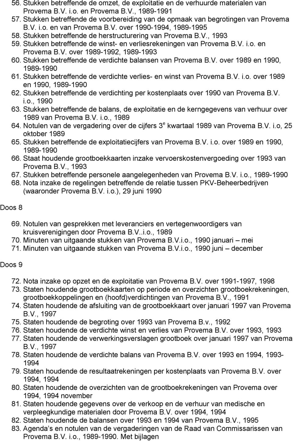 Stukken betreffende de winst- en verliesrekeningen van Provema B.V. i.o. en Provema B.V. over 1989-1992, 1989-1993 60. Stukken betreffende de verdichte balansen van Provema B.V. over 1989 en 1990, 1989-1990 61.