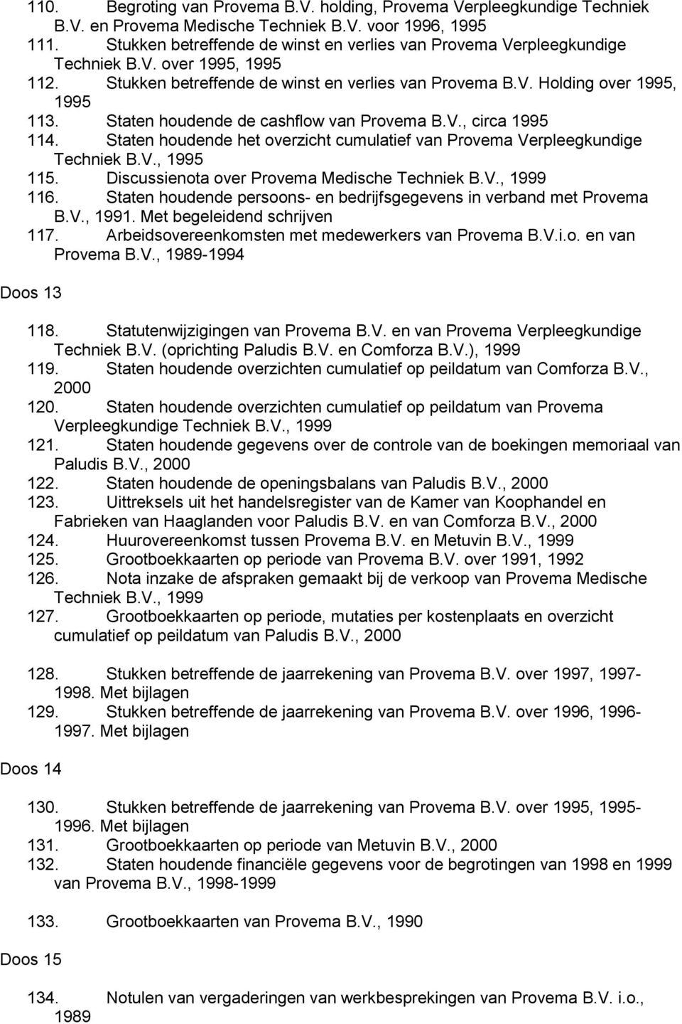 Staten houdende de cashflow van Provema B.V., circa 1995 114. Staten houdende het overzicht cumulatief van Provema Verpleegkundige Techniek B.V., 1995 115.