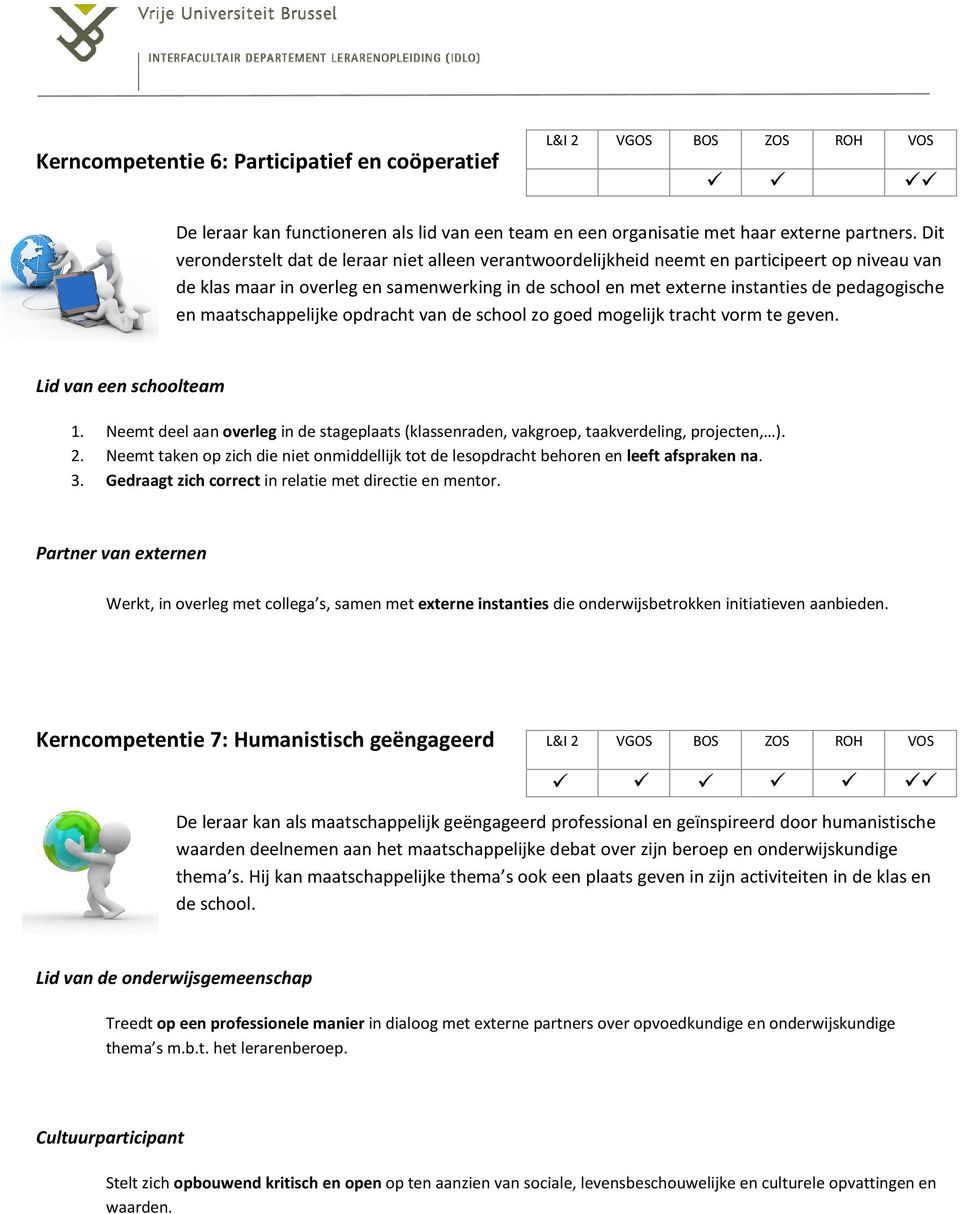 maatschappelijke opdracht van de school zo goed mogelijk tracht vorm te geven. Lid van een schoolteam 1. Neemt deel aan overleg in de stageplaats (klassenraden, vakgroep, taakverdeling, projecten, ).