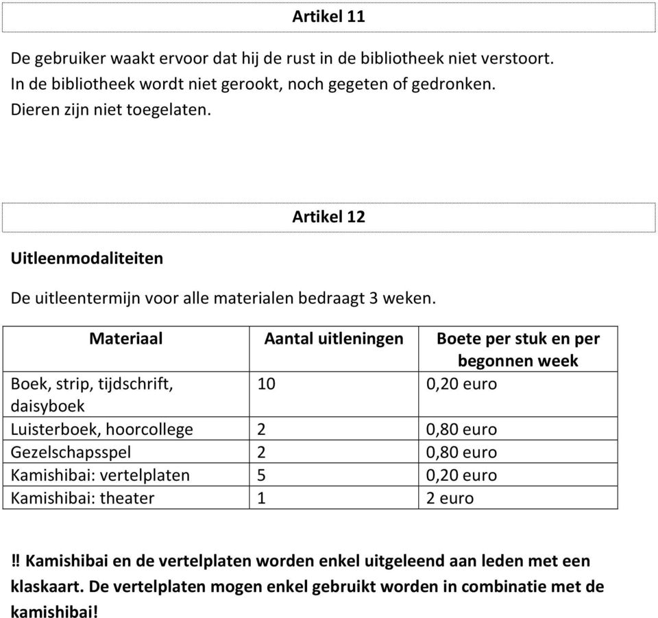 Materiaal Aantal uitleningen Boete per stuk en per begonnen week Boek, strip, tijdschrift, 10 0,20 euro daisyboek Luisterboek, hoorcollege 2 0,80 euro Gezelschapsspel 2