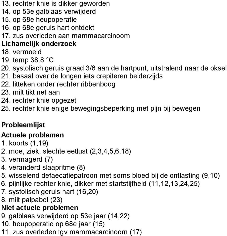 milt tikt net aan 24. rechter knie opgezet 25. rechter knie enige bewegingsbeperking met pijn bij bewegen Probleemlijst Actuele problemen 1. koorts (1,19) 2.