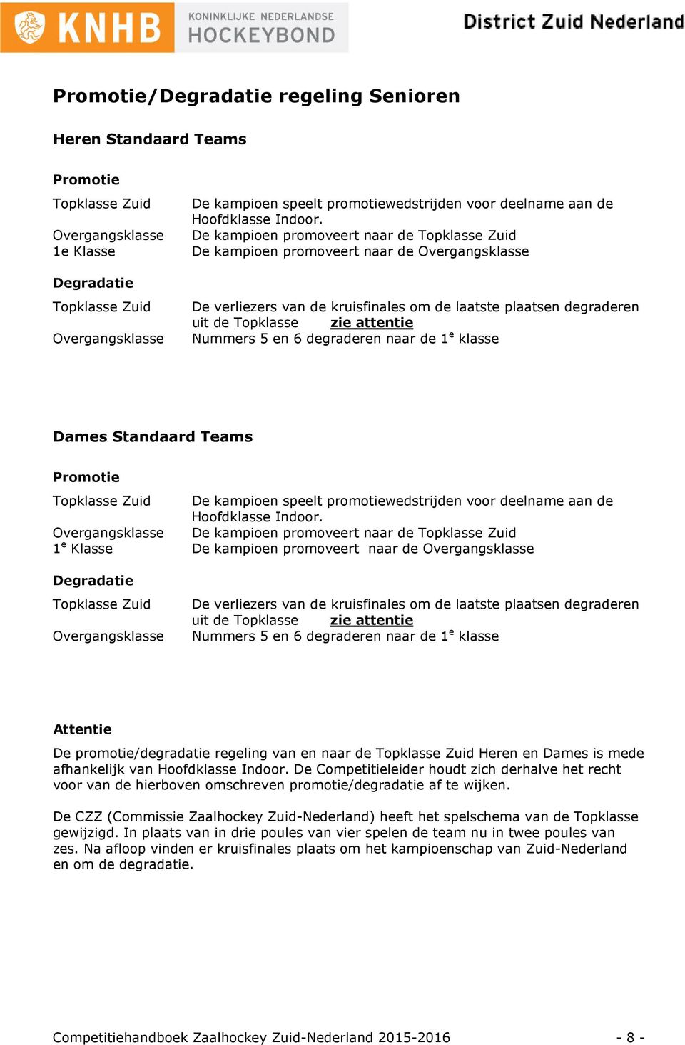 De kampioen promoveert naar de Topklasse Zuid De kampioen promoveert naar de Overgangsklasse De verliezers van de kruisfinales om de laatste plaatsen degraderen uit de Topklasse zie attentie Nummers