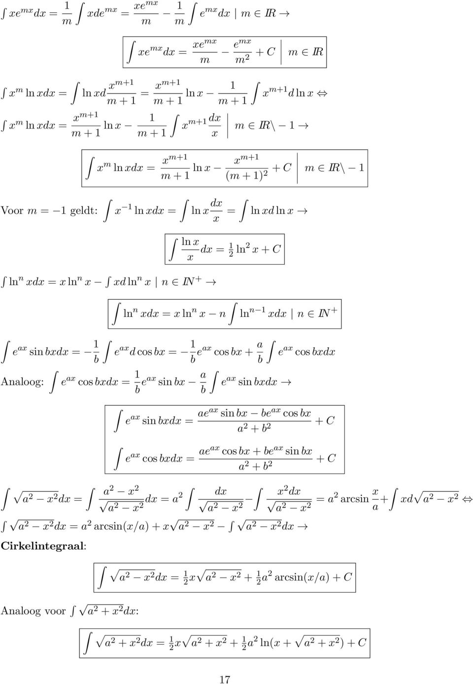 ax d cos bx = b b eax cos bx + a e ax cos bxdx b Analoog: e ax cos bxdx = b eax sin bx a e ax sin bxdx b a 2 x 2 dx = e ax sin bxdx = aeax sin bx be ax cos bx a 2 + b 2 e ax cos bxdx = aeax cos bx +