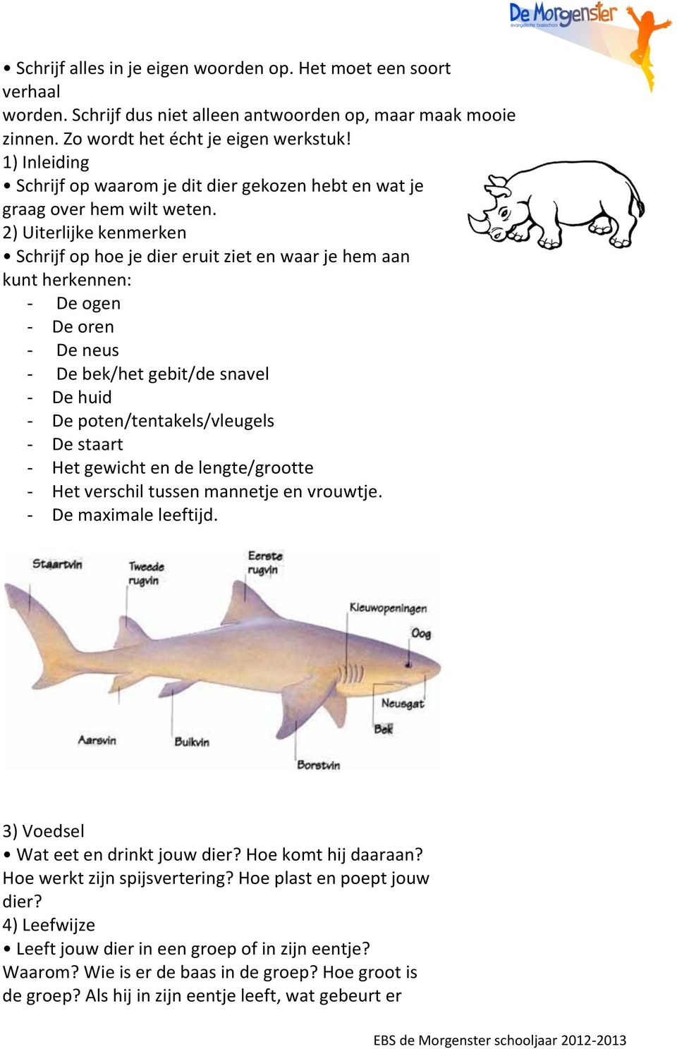 2) Uiterlijke kenmerken Schrijf op hoe je dier eruit ziet en waar je hem aan kunt herkennen: - De ogen - De oren - De neus - De bek/het gebit/de snavel - De huid - De poten/tentakels/vleugels - De