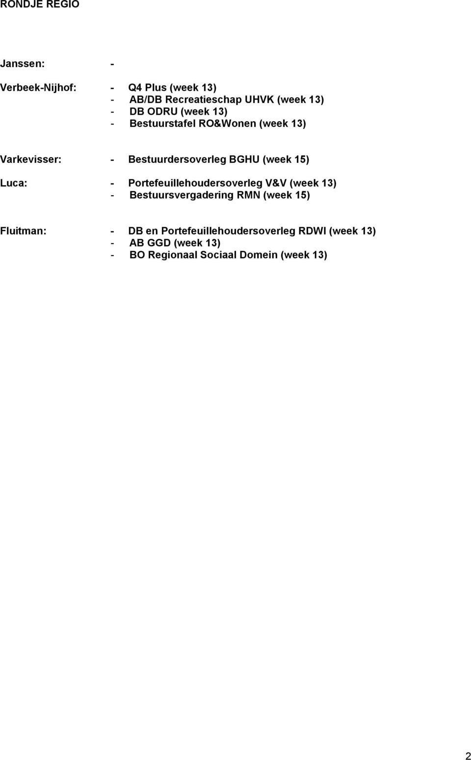 Luca: - Portefeuillehoudersoverleg V&V (week 13) - Bestuursvergadering RMN (week 15) Fluitman: - DB