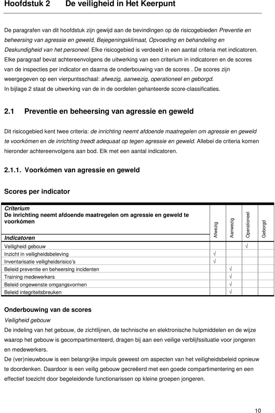 Elke paragraaf bevat achtereenvolgens de uitwerking van een criterium in indicatoren en de scores van de inspecties per indicator en daarna de onderbouwing van de scores.