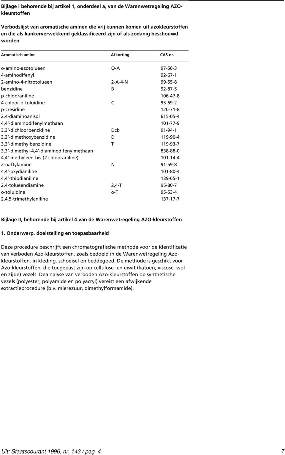 o-amino-azotolueen O-A 97-56-3 4-aminodifenyl 92-67-1 2-amino-4-nitrotolueen 2-A-4-N 99-55-8 benzidine B 92-87-5 p-chlooraniline 106-47-8 4-chloor-o-toluidine C 95-69-2 p-cresidine 120-71-8