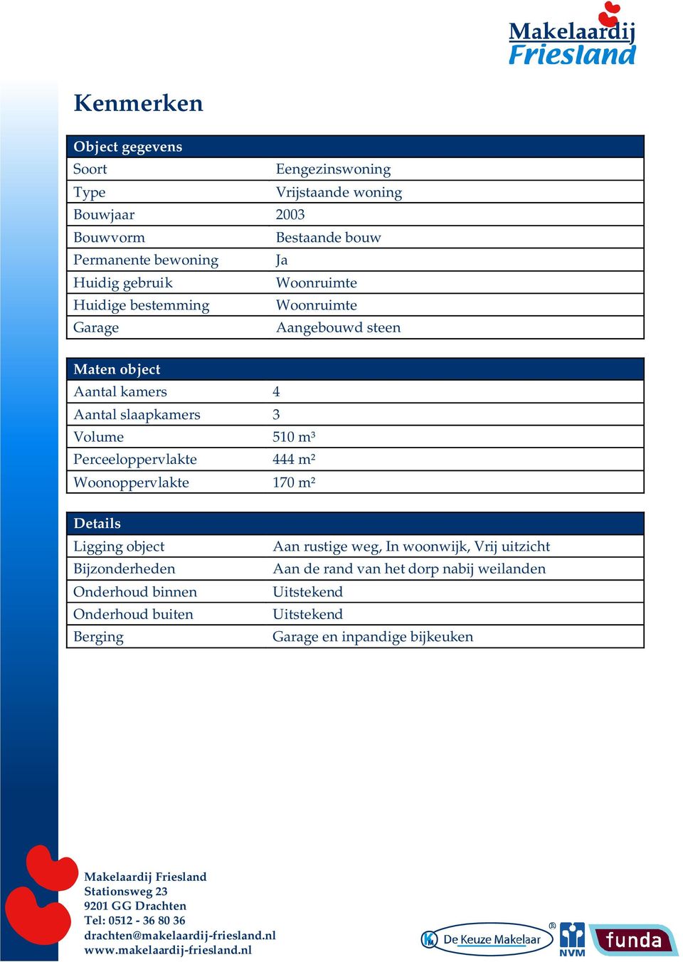 Volume 510 m³ Perceeloppervlakte 444 m² Woonoppervlakte 170 m² Details Ligging object Bijzonderheden Onderhoud binnen Onderhoud buiten