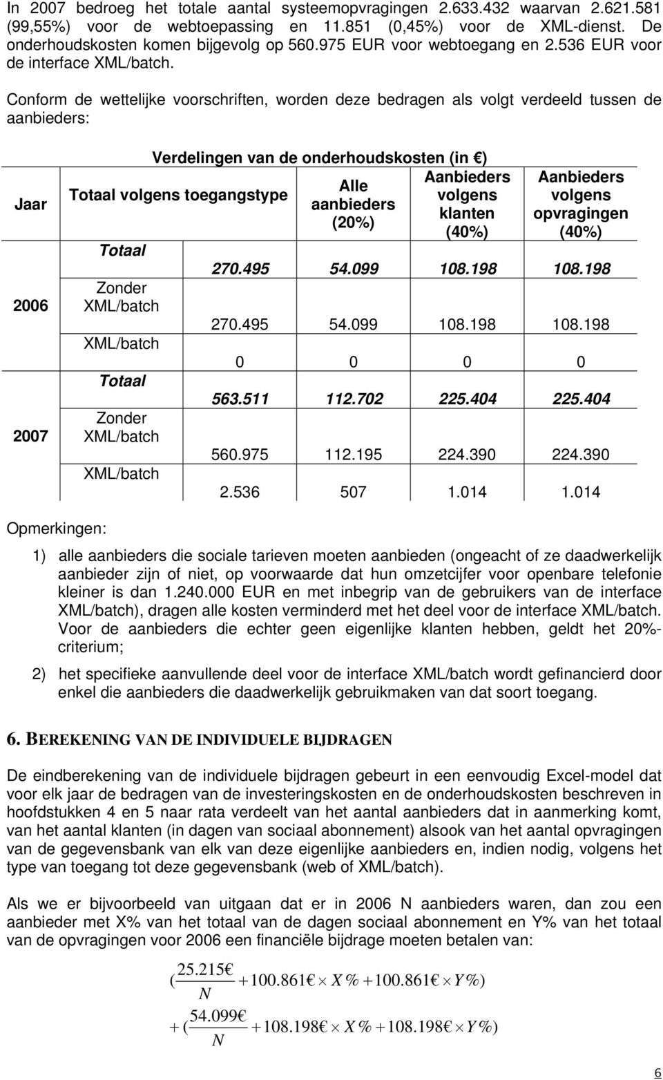 Conform de wettelijke voorschriften, worden deze bedragen als volgt verdeeld tussen de aanbieders: Jaar 2006 2007 Verdelingen van de onderhoudskosten (in ) Totaal volgens toegangstype Totaal Zonder