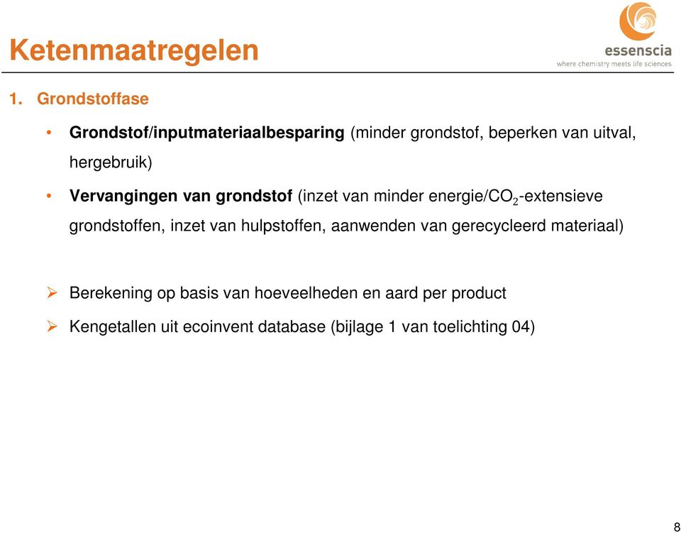 hergebruik) Vervangingen van grondstof (inzet van minder energie/co 2 -extensieve grondstoffen,