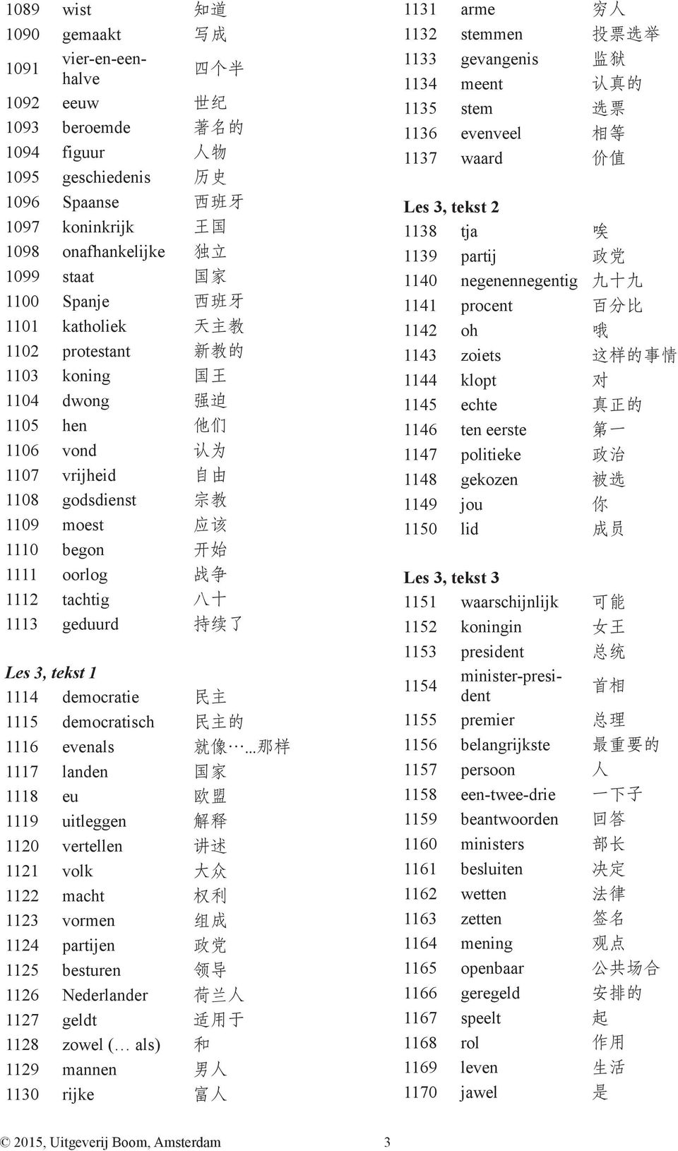 zowel ( als) 和 1129 mannen 男 人 1130 rijke 富 人 1131 arme 穷 人 1132 stemmen 投 票 选 举 1133 gevangenis 监 狱 1134 meent 认 真 的 1135 stem 选 票 1136 evenveel 相 等 1137 waard 价 值 Les 3, tekst 2 1138 tja 唉 1139