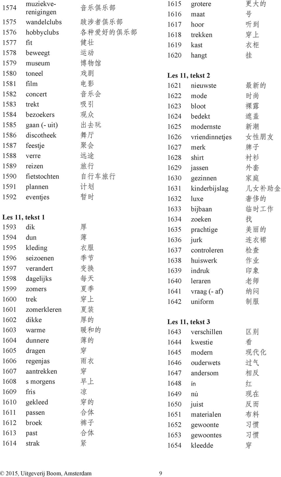 1593 dik 厚 1594 dun 薄 1595 kleding 衣 服 1596 seizoenen 季 节 1597 verandert 变 换 1598 dagelijks 每 天 1599 zomers 夏 季 1600 trek 穿 上 1601 zomerkleren 夏 装 1602 dikke 厚 的 1603 warme 暖 和 的 1604 dunnere 薄 的