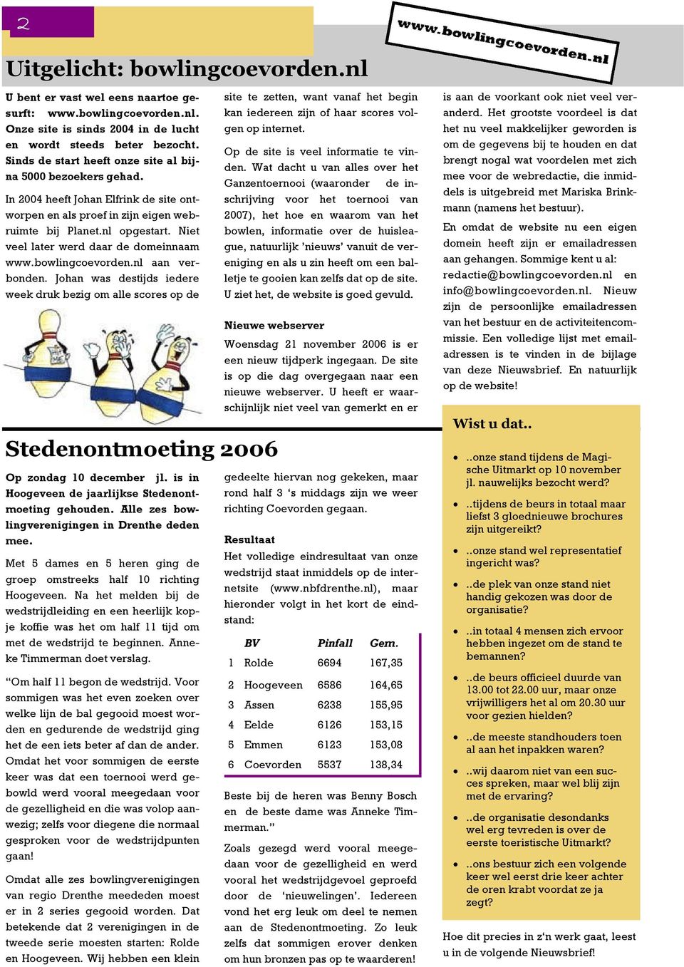 Niet veel later werd daar de domeinnaam www.bowlingcoevorden.nl aan verbonden. Johan was destijds iedere week druk bezig om alle scores op de Op zondag 10 december jl.