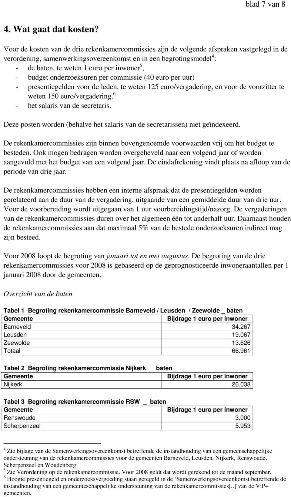 inwoner 5, - budget onderzoeksuren per commissie (40 euro per uur) - presentiegelden voor de leden, te weten 125 euro/vergadering, en voor de voorzitter te weten 150 euro/vergadering.