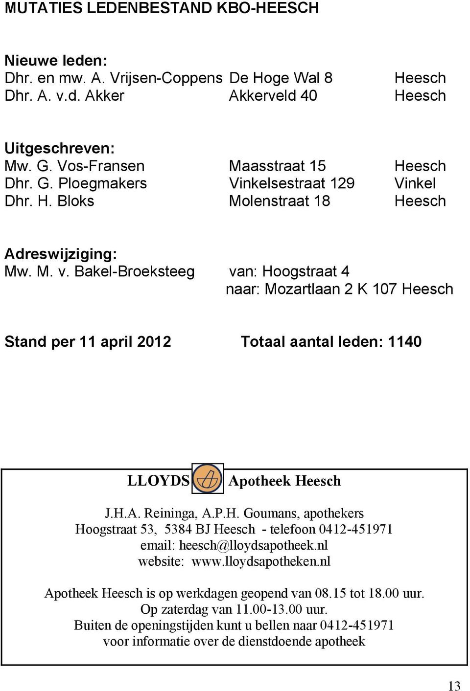 Bakel-Broeksteeg van: Hoogstraat 4 naar: Mozartlaan 2 K 107 Heesch Stand per 11 april 2012 Totaal aantal leden: 1140 LLOYDS Apotheek Heesch J.H.A. Reininga, A.P.H. Goumans, apothekers Hoogstraat 53, 5384 BJ Heesch - telefoon 0412-451971 email: heesch@lloydsapotheek.