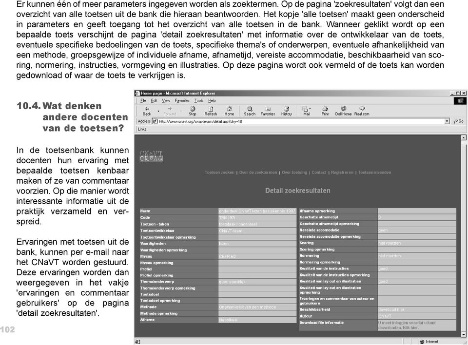 Wanneer geklikt wordt op een bepaalde toets verschijnt de pagina 'detail zoekresultaten' met informatie over de ontwikkelaar van de toets, eventuele specifieke bedoelingen van de toets, specifieke