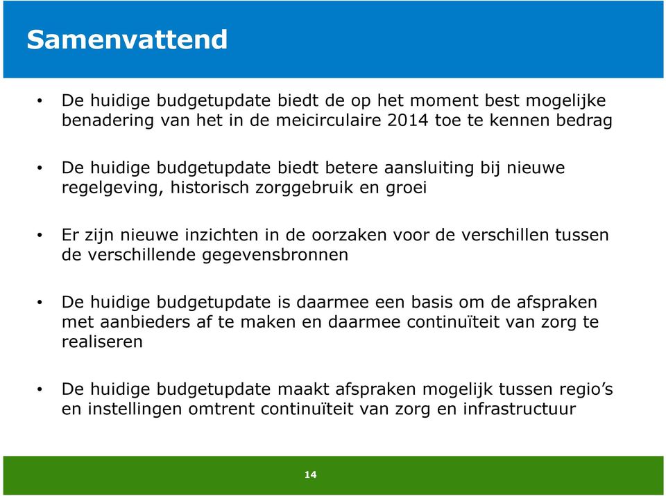 verschillen tussen de verschillende gegevensbronnen De huidige budgetupdate is daarmee een basis om de afspraken met aanbieders af te maken en daarmee