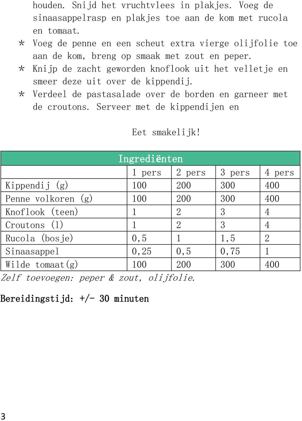 * Knijp de zacht geworden knoflook uit het velletje en smeer deze uit over de kippendij. * Verdeel de pastasalade over de borden en garneer met de croutons.