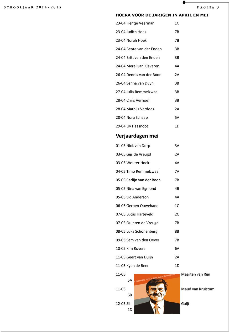 01-05 Nick van Dorp 3A 03-05 Gijs de Vreugd 2A 03-05 Wouter Hoek 4A 04-05 Timo Remmelzwaal 7A 05-05 Carlijn van der Boon 7B 05-05 Nina van Egmond 4B 05-05 Sid Anderson 4A 06-05 Gerben Ouwehand 1C