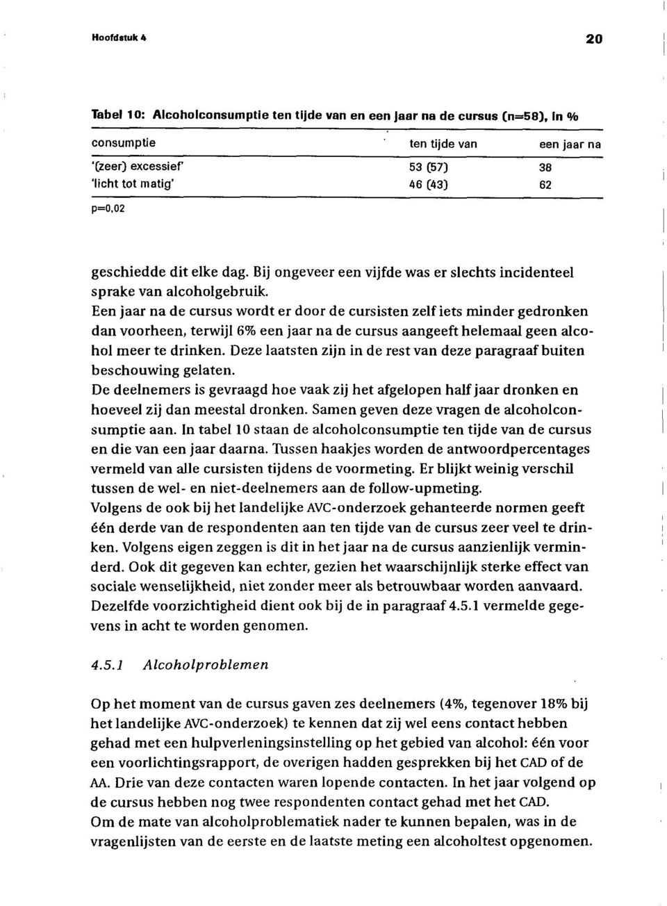 Een jaar na de cursus wordt er door de cursisten zelf iets minder gedronken dan voorheen, terwijl 6% een jaar na de cursus aangeeft helemaal geen alcohol meer te drinken.