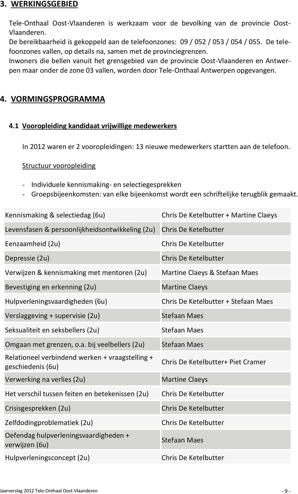 Inwoners die bellen vanuit het grensgebied van de provincie Oost-Vlaanderen en Antwerpen maar onder de zone 03 vallen, worden door Tele-Onthaal Antwerpen opgevangen. 4. VORMINGSPROGRAMMA 4.