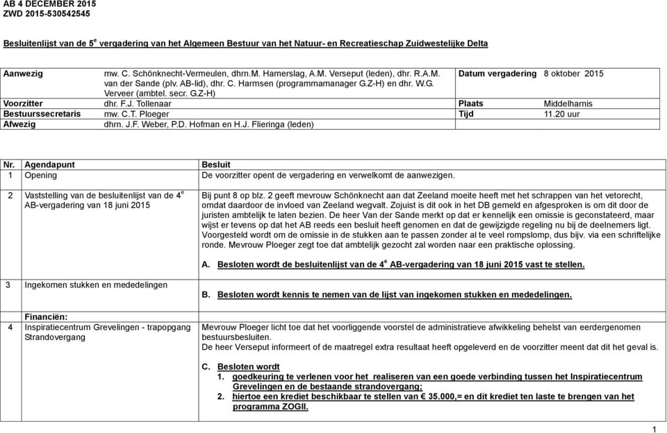 F.J. Tollenaar Plaats Middelharnis Bestuurssecretaris mw. C.T. Ploeger Tijd 11.20 uur Afwezig dhrn. J.F. Weber, P.D. Hofman en H.J. Flieringa (leden) Nr.