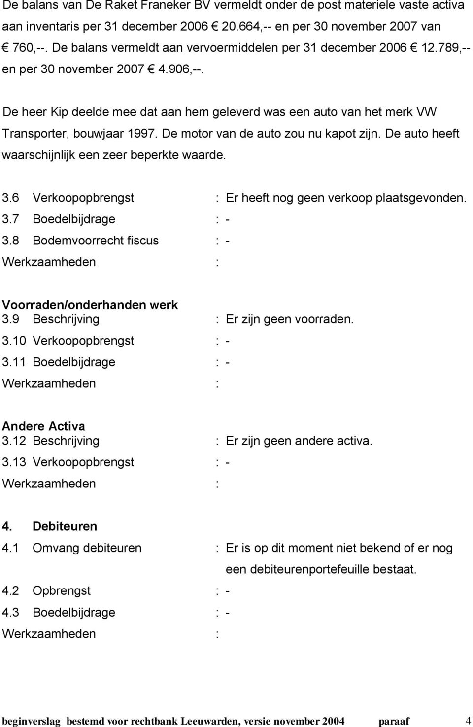 De heer Kip deelde mee dat aan hem geleverd was een auto van het merk VW Transporter, bouwjaar 1997. De motor van de auto zou nu kapot zijn. De auto heeft waarschijnlijk een zeer beperkte waarde. 3.