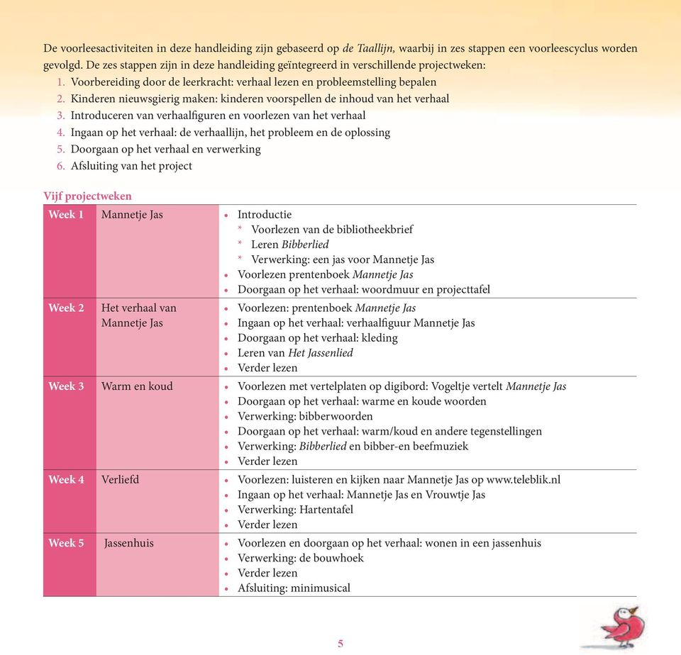 Kinderen nieuwsgierig maken: kinderen voorspellen de inhoud van het verhaal 3. Introduceren van verhaalfiguren en voorlezen van het verhaal 4.