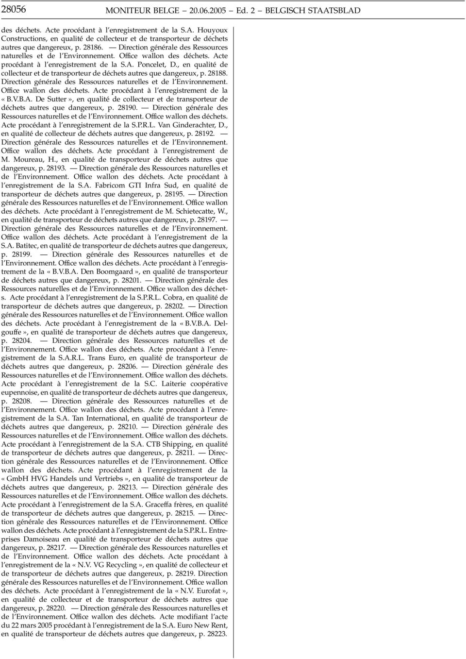 , en qualité de collecteur et de transporteur de déchets autres que dangereux, p. 28188. Direction générale des Ressources naturelles et de l Environnement. Office wallon des déchets.