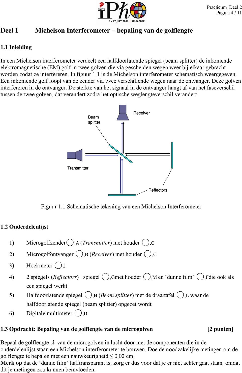 gebracht worden zodat ze interfereren. In figuur 1.1 is de Michelson interferometer schematisch weergegeven. Een inkomende golf loopt van de zender via twee verschillende wegen naar de ontvanger.