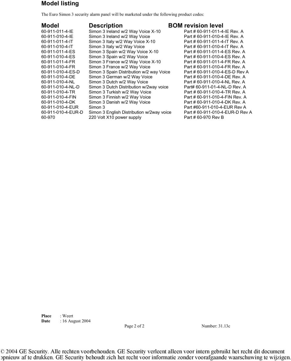 A 60-911-010-4-IT Simon 3 Italy w/2 Way Voice Part # 60-911-010-4-IT Rev. A 60-911-011-4-ES Simon 3 Spain w/2 Way Voice X-10 Part # 60-911-011-4-ES Rev.