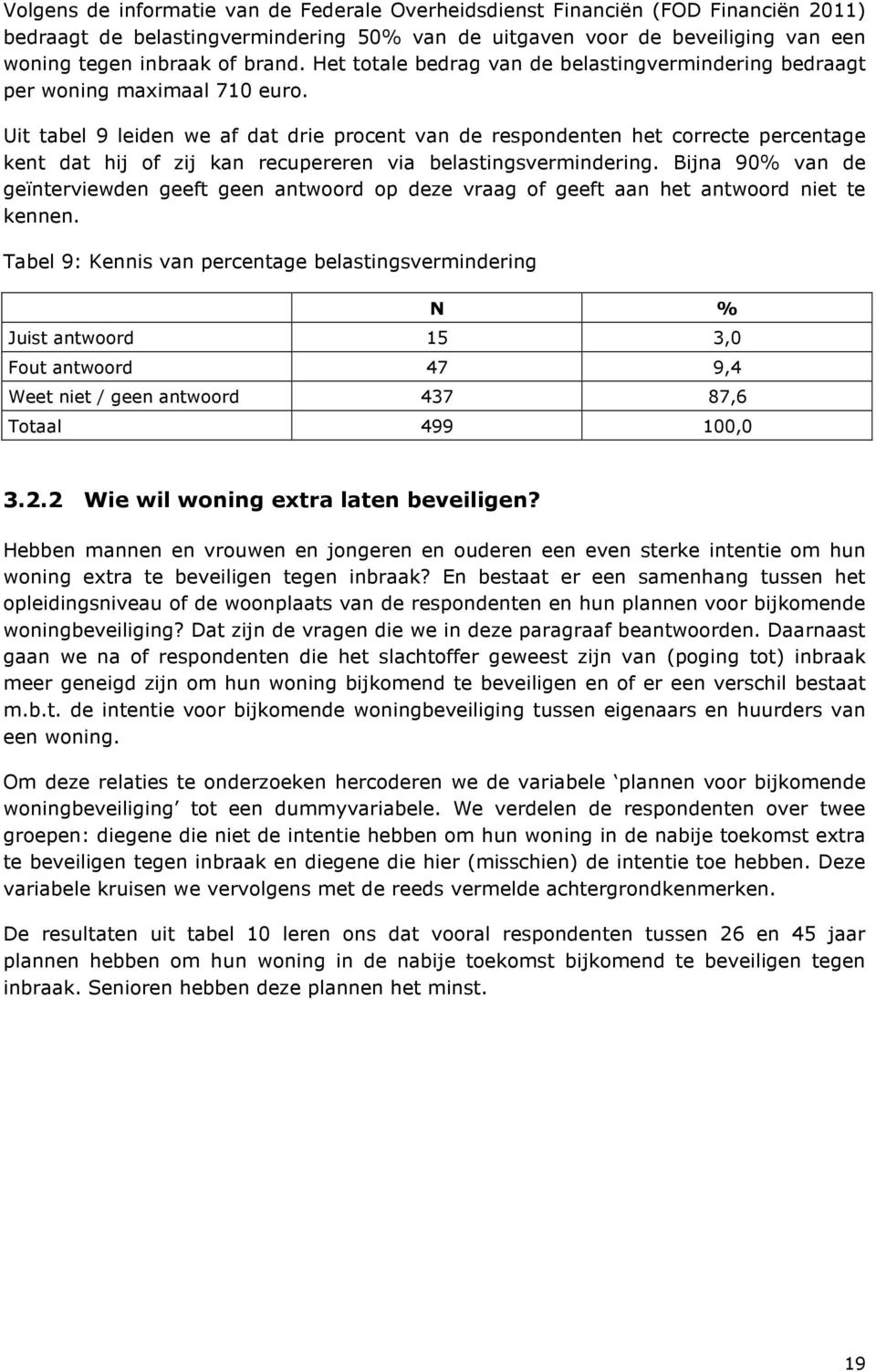 Uit tabel 9 leiden we af dat drie procent van de respondenten het correcte percentage kent dat hij of zij kan recupereren via belastingsvermindering.