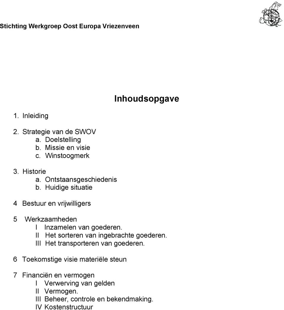 Huidige situatie 4 Bestuur en vrijwilligers Inhoudsopgave 5 Werkzaamheden I Inzamelen van goederen.