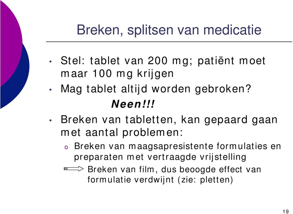 !! Breken van tabletten, kan gepaard gaan met aantal prblemen: Breken van