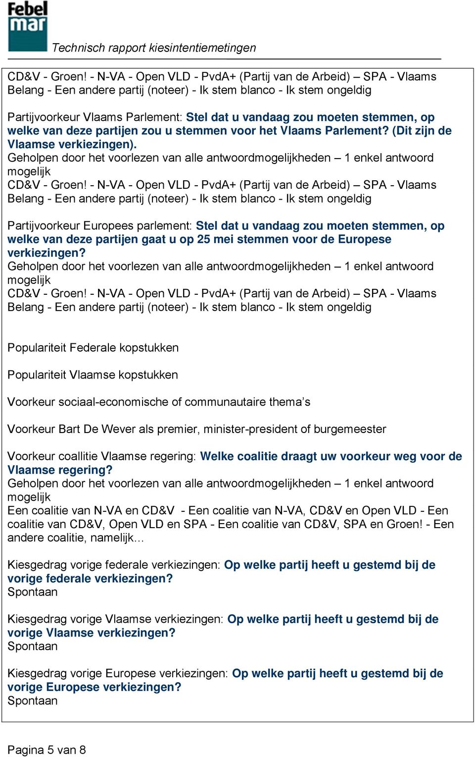 stemmen, op welke van deze partijen zou u stemmen voor het Vlaams Parlement? (Dit zijn de Vlaamse verkiezingen).