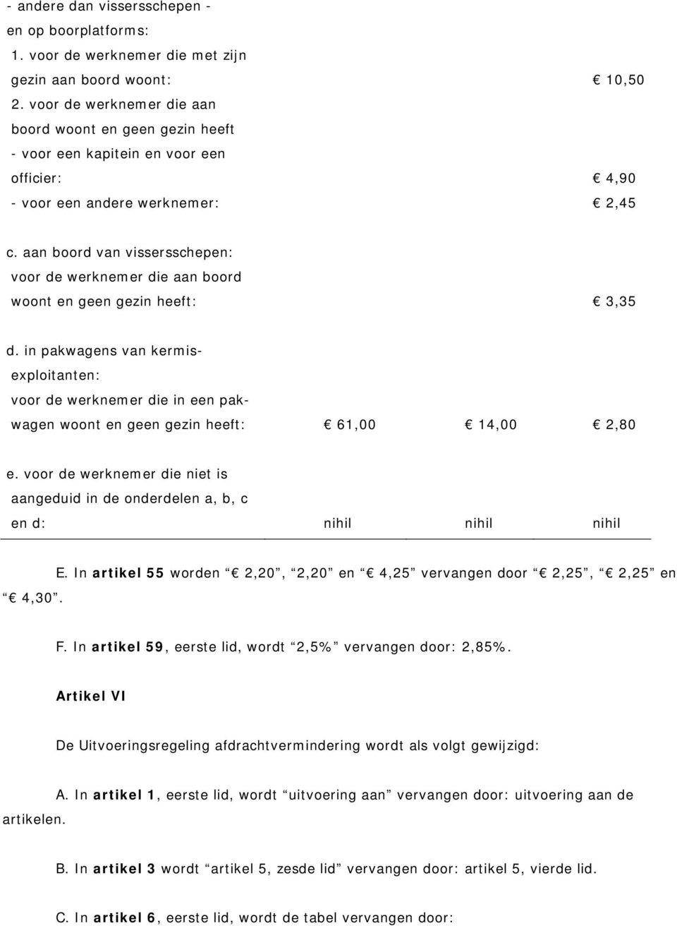 aan boord van vissersschepen: voor de werknemer die aan boord woont en geen gezin heeft: 3,35 d.