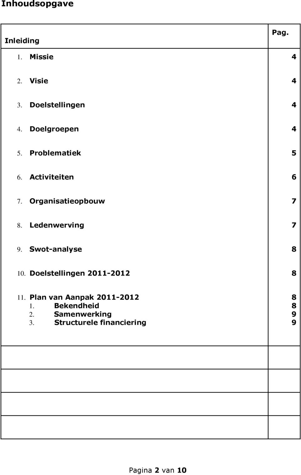 Ledenwerving 7 9. Swot-analyse 8 10. Doelstellingen 2011-2012 8 11.