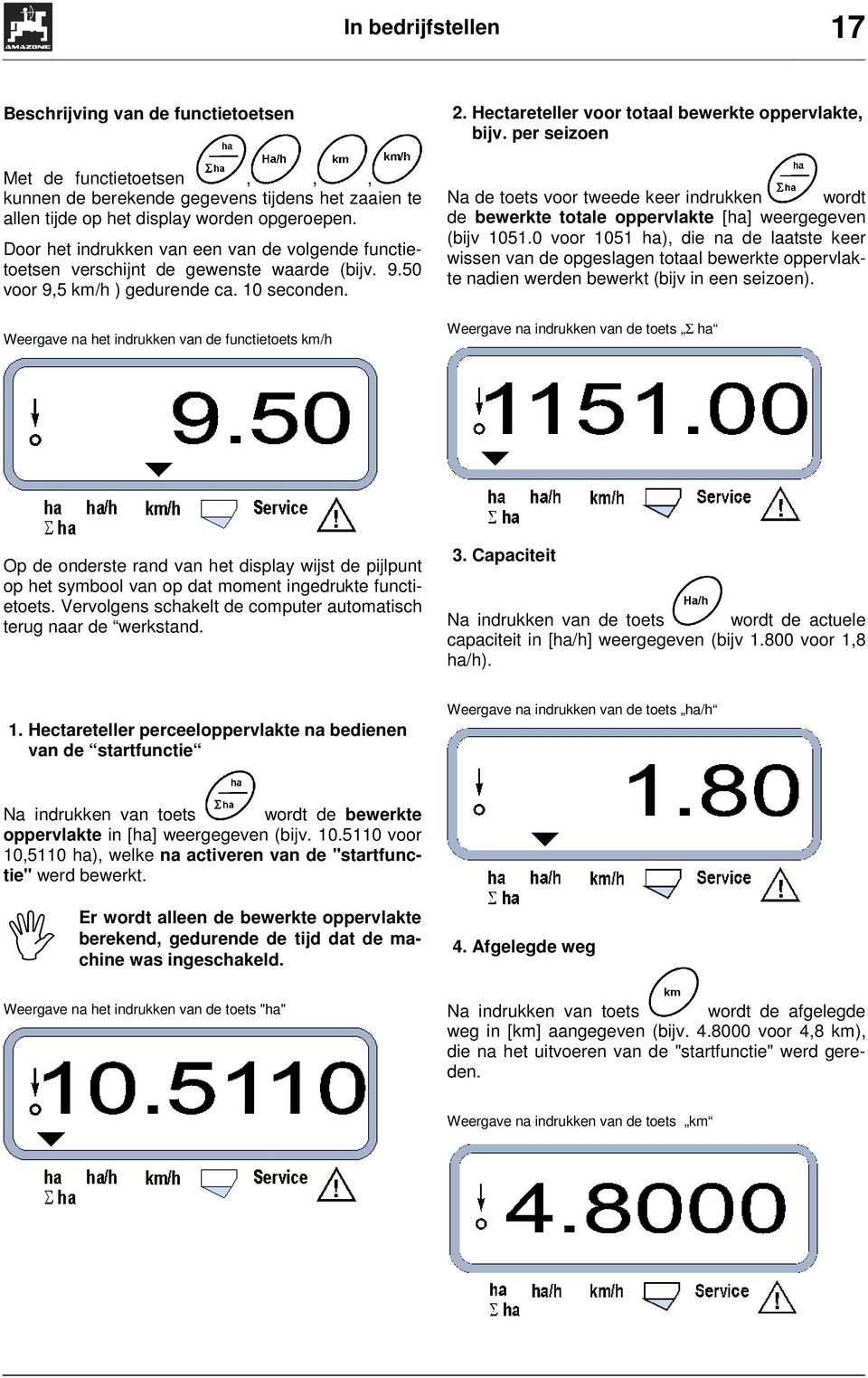 Hectareteller voor totaal bewerkte oppervlakte, bijv. per seizoen Na de toets voor tweede keer indrukken wordt de bewerkte totale oppervlakte [ha] weergegeven (bijv 1051.