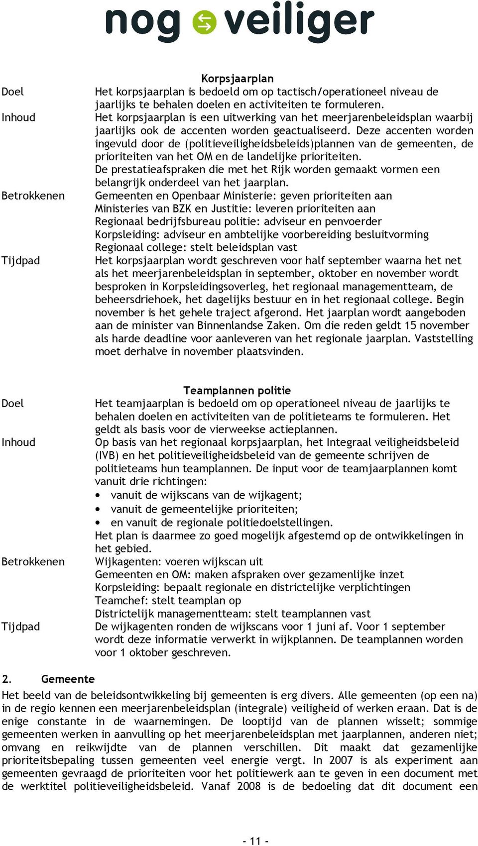 Deze accenten worden ingevuld door de (politieveiligheidsbeleids)plannen van de gemeenten, de prioriteiten van het OM en de landelijke prioriteiten.