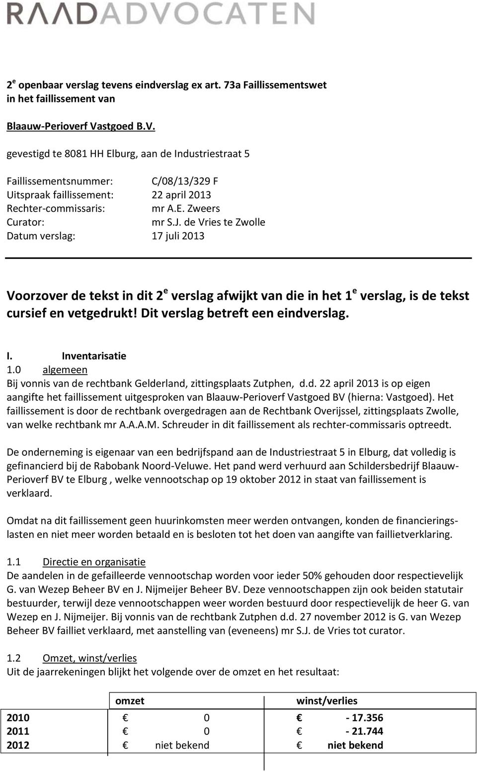 de Vries te Zwolle Datum verslag: 17 juli 2013 Voorzover de tekst in dit 2 e verslag afwijkt van die in het 1 e verslag, is de tekst cursief en vetgedrukt! Dit verslag betreft een eindverslag. I.