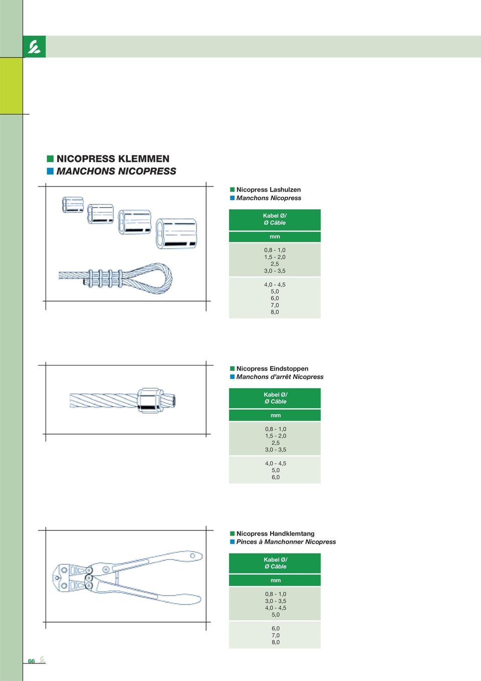 Nicopress Kabel Ø/ Ø Câble mm 0,8-1,0 1,5-2,0 2,5 3,0-3,5 4,0-4,5 5,0 6,0 Nicopress