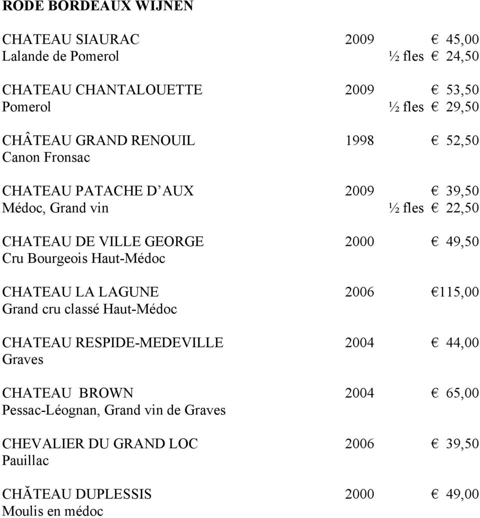 49,50 Cru Bourgeois Haut-Médoc CHATEAU LA LAGUNE 2006 115,00 Grand cru classé Haut-Médoc CHATEAU RESPIDE-MEDEVILLE 2004 44,00 Graves