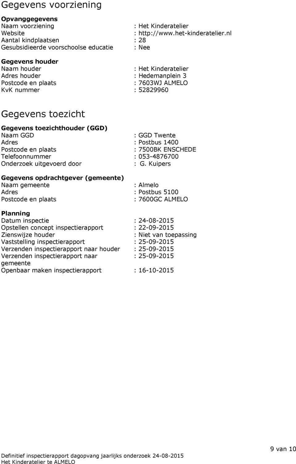 52829960 Gegevens toezicht Gegevens toezichthouder (GGD) Naam GGD : GGD Twente Adres : Postbus 1400 Postcode en plaats : 7500BK ENSCHEDE Telefoonnummer : 053-4876700 Onderzoek uitgevoerd door : G.