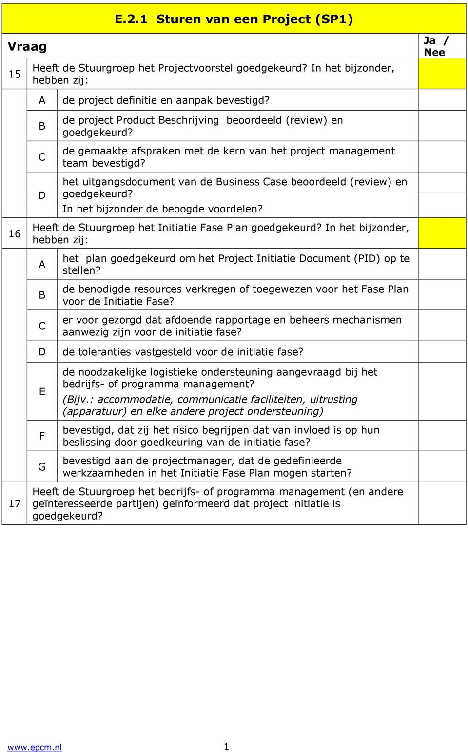 het uitgangsdocument van de usiness ase beoordeeld (review) en goedgekeurd? In het bijzonder de beoogde voordelen? 16 Heeft de Stuurgroep het Initiatie Fase Plan goedgekeurd?